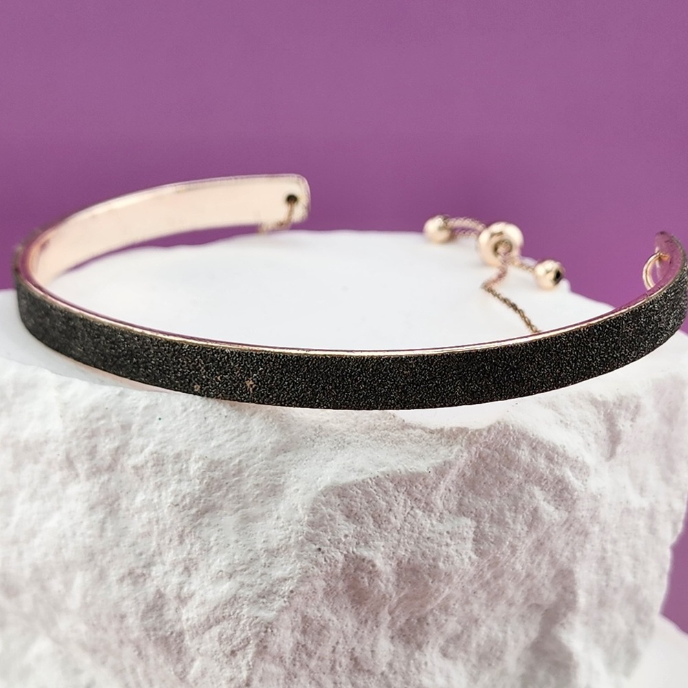 Rose Gold Tone Black Textured Inlay Cuff Bracelet Chain Accent Statement Jewelry